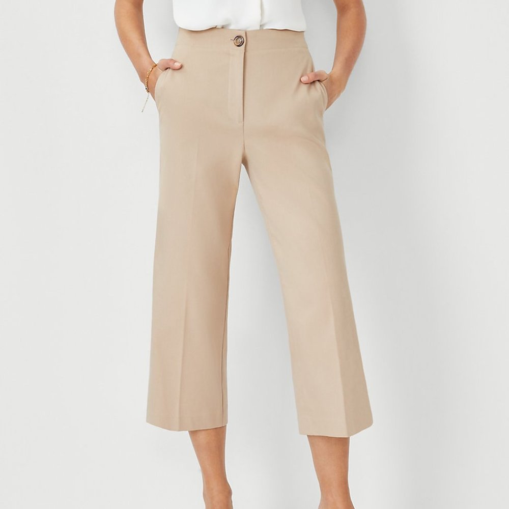 ANN TAYLOR THE KATE WIDE LEG CROPPED WHISKEY CREAM KHAKI PANTS NWOT 12 T